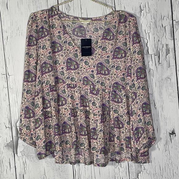 Lucky Brand Victoria Long Sleeve Baby Doll Flowy High/Low Hem Top Sz L NWT - Picture 1 of 15